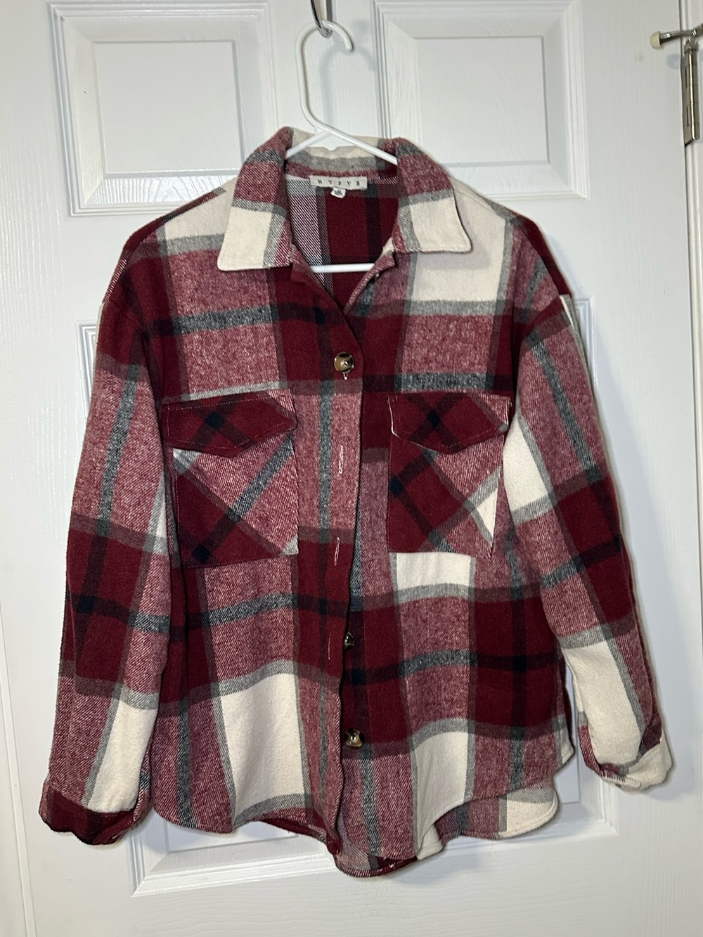 HYFVE Burgundy & Cream Plaid Shacket with Chest Pockets